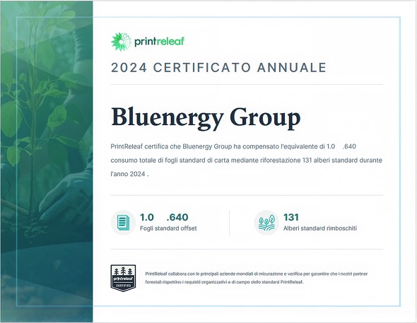 Il certificato annuale Printreleaf 2024 di Bluenergy Group
